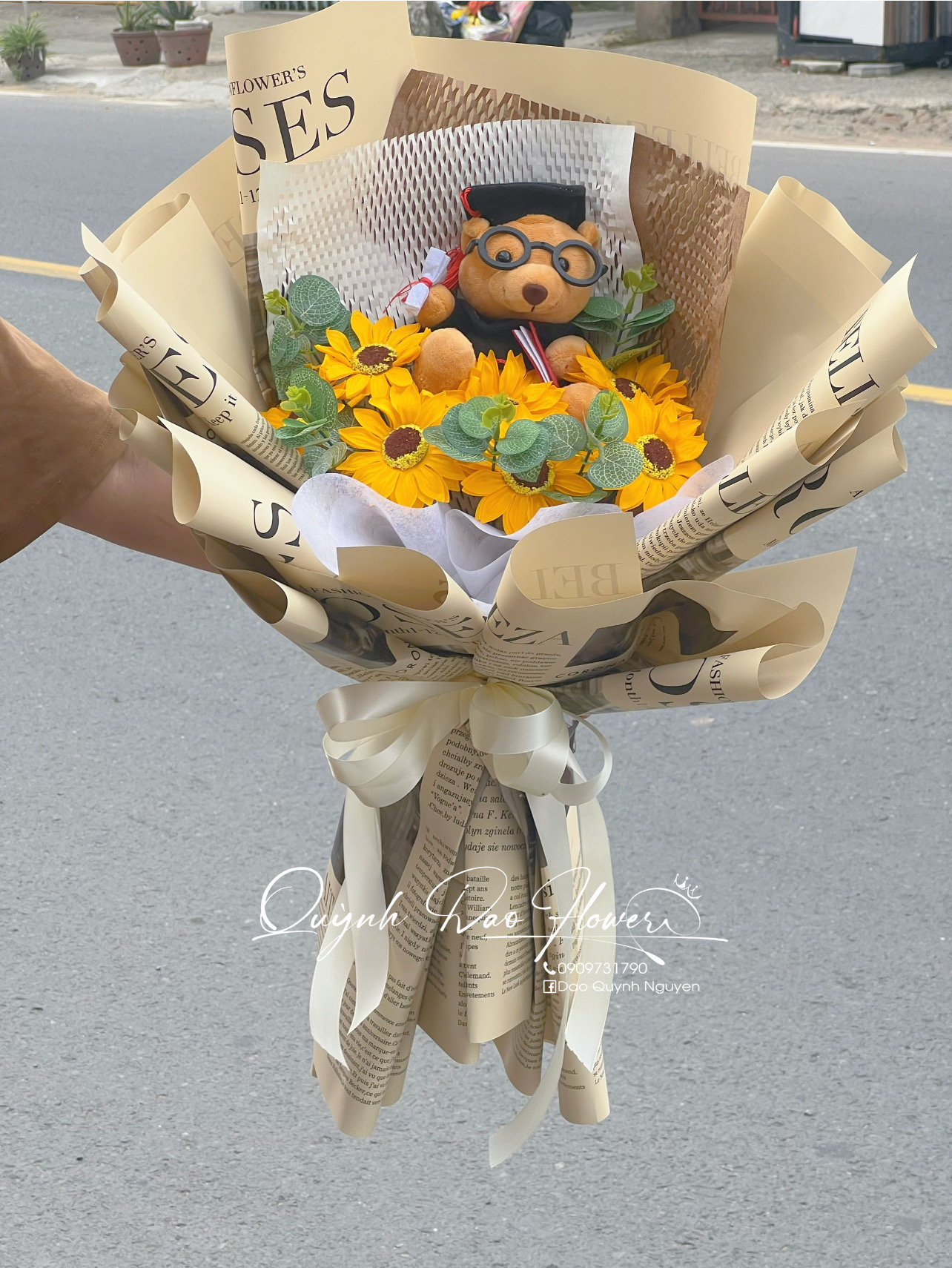 Bó hoa hướng dương, tri ân kèm gấu 