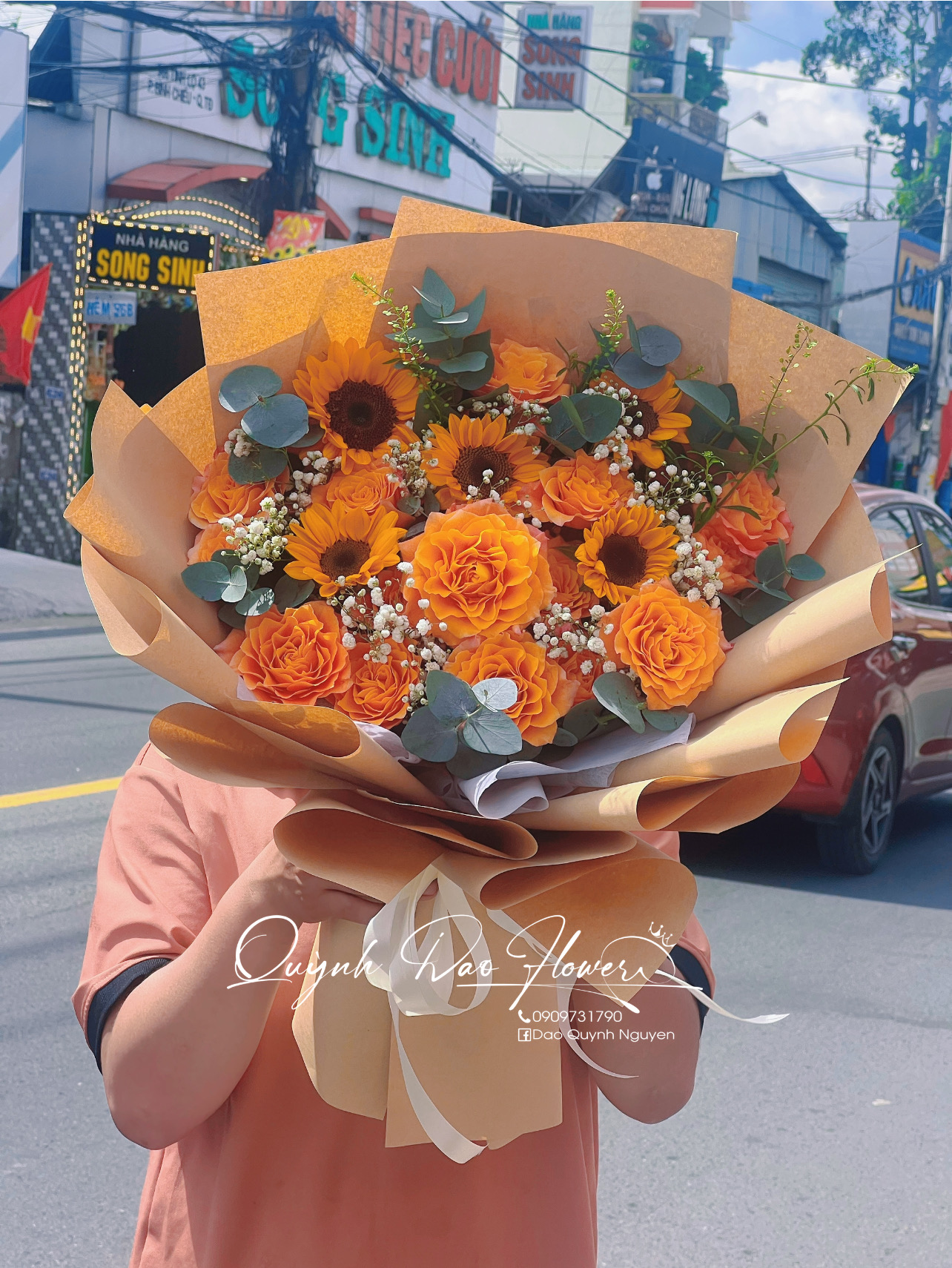 Hoa hồng cam mix hướng dương 