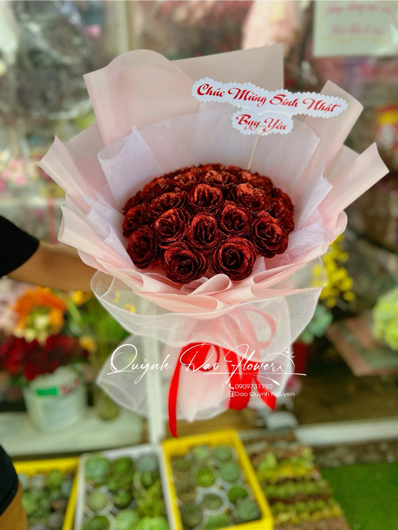 Bó hoa nhũ, kim tuyến đỏ 25 bông 