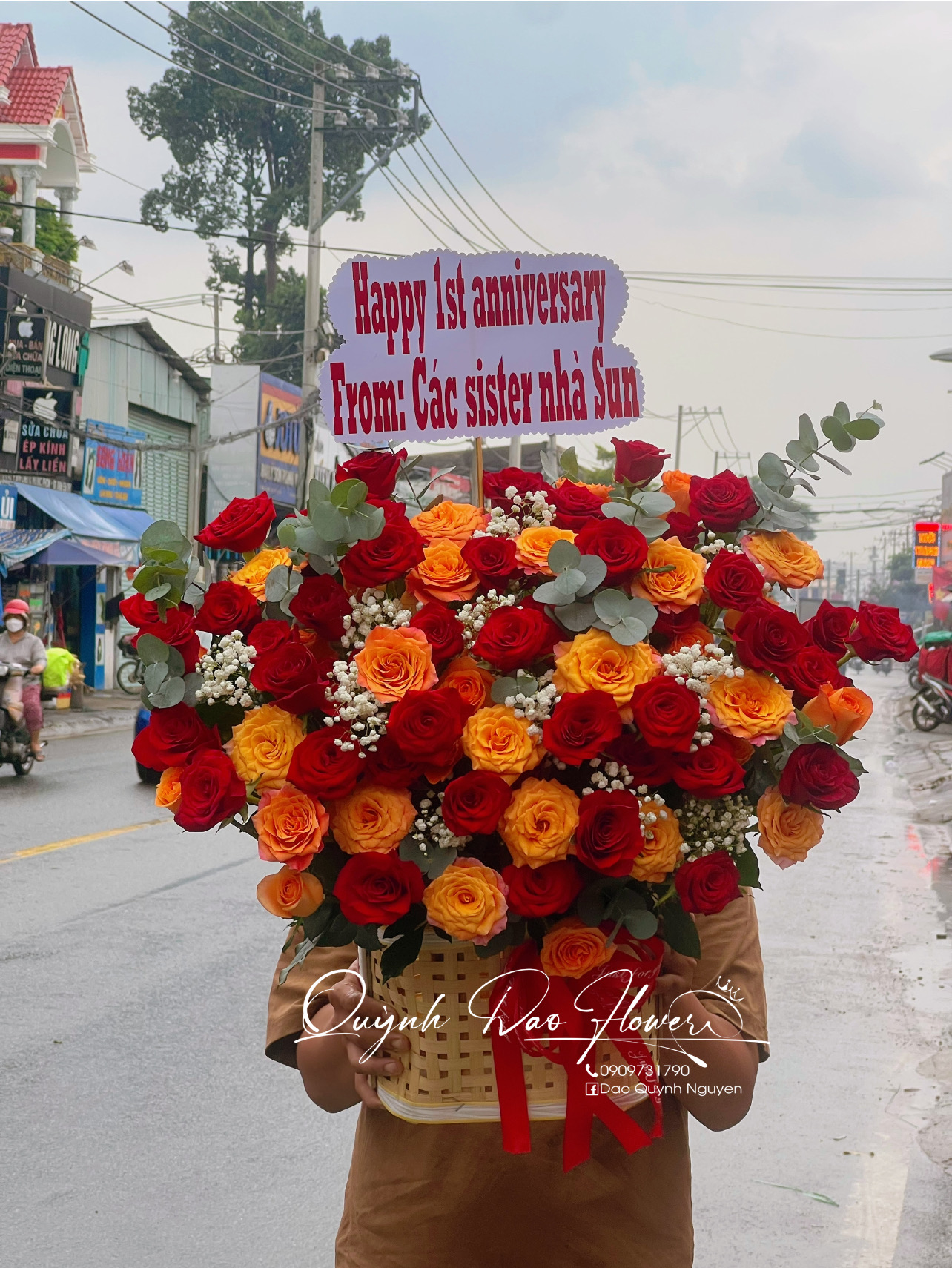 Lẵng hoa khai trương cam đỏ
