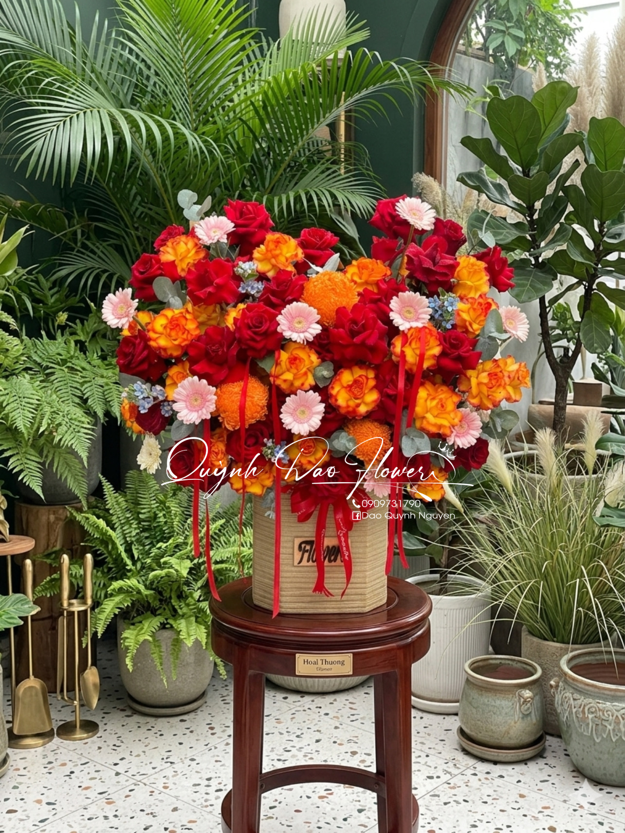 Chậu hoa khai trương đỏ cam