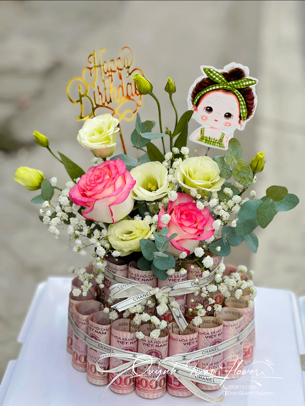 Bánh kem tiền mix hoa tươi 