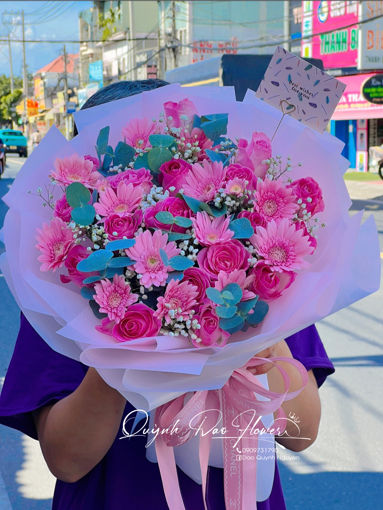 Bó hoa Hồng tròn mix đồng tiền hồng