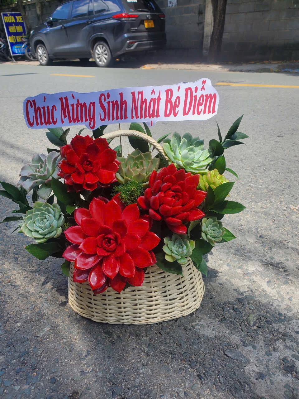 Giỏ hoa sen đá tone đỏ