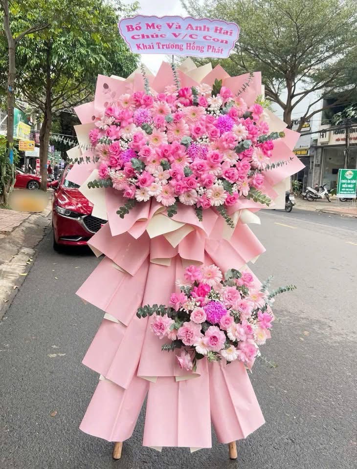 Kệ hoa khai trương màu Hồng mix cúc mẫu đơn 