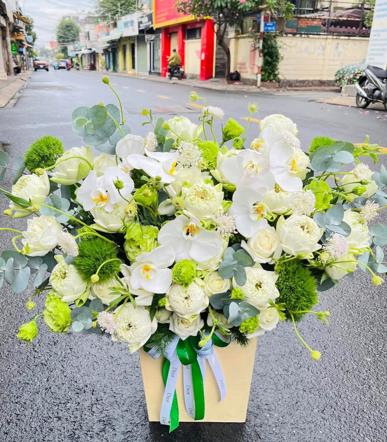 Giỏ hoa tone xanh lá hoa sen mix lan hồ điệp 