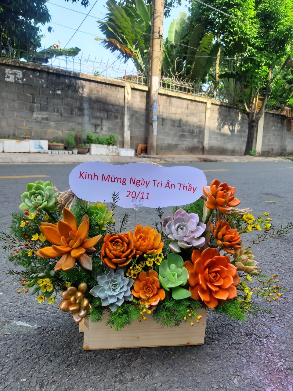 Giỏ hoa sen đá tone cam