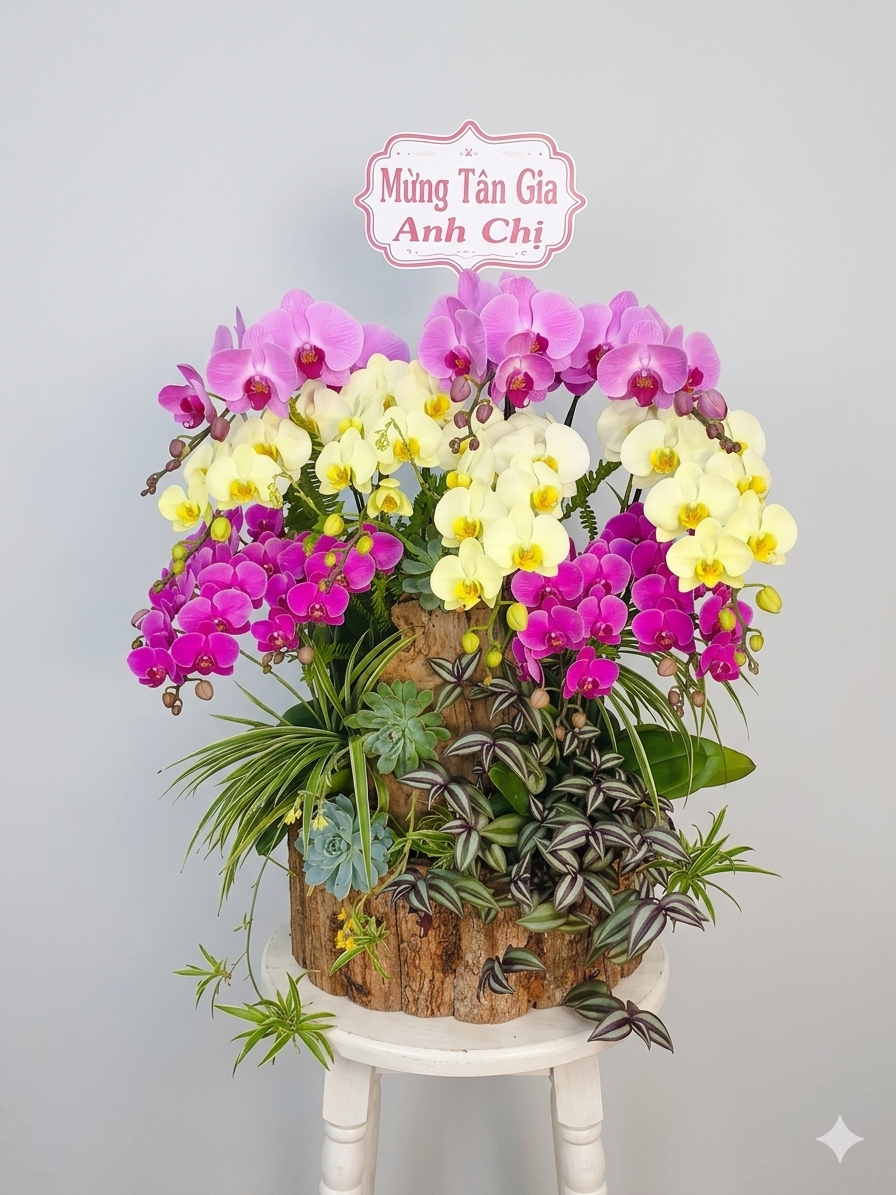 Chậu lan hồ điệp 11 nhánh mix gỗ lũa