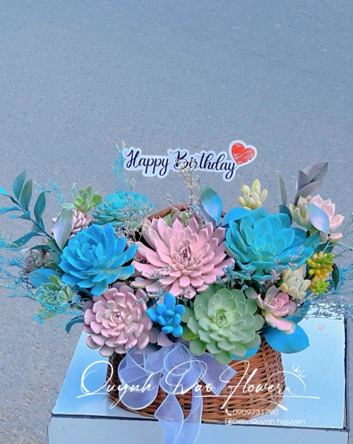 Giỏ hoa sen đá tặng sinh nhật sếp nam