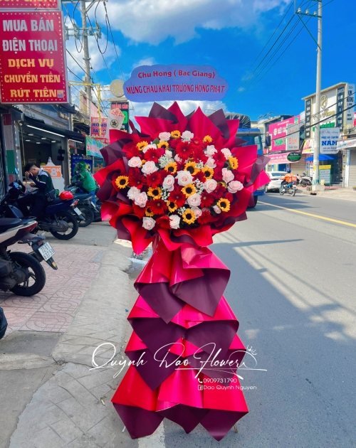 Ke khai trương tone đỏ mix hướng dương 