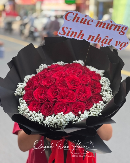 Bó hoa Hồng đỏ ohara 30 bông mix bi tươi 