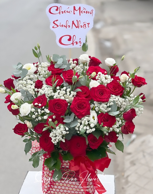 Lẵng hoa hồng đỏ mix cát tường trắng 
