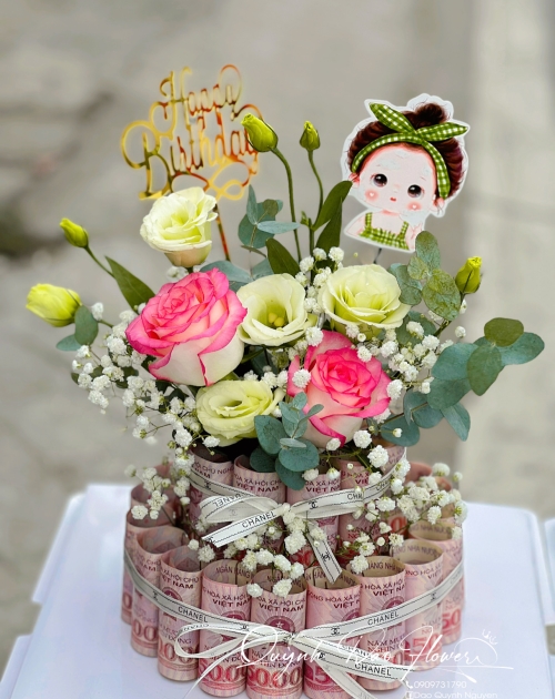 Bánh kem tiền mix hoa tươi 