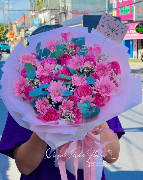 Bó hoa Hồng tròn mix đồng tiền hồng