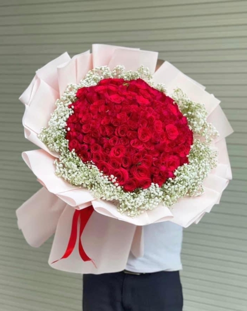 Bó hoa Hồng tròn đỏ phối bi