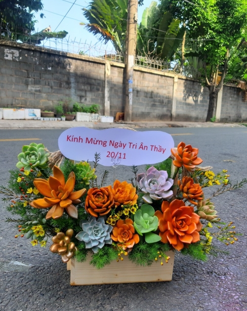 Giỏ hoa sen đá tone cam