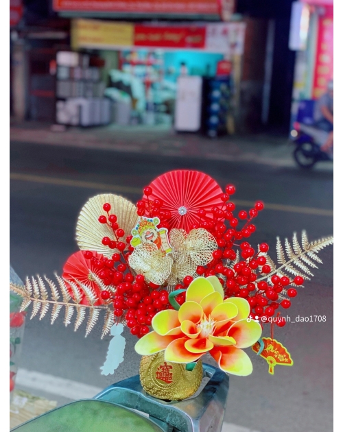 Bình túi tiền đào đông để bàn