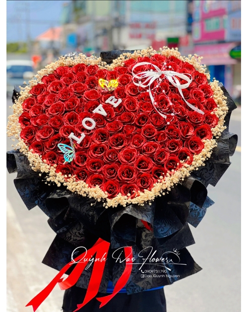 Bó hoa kim tuyến trái tim, 99 bông mix bi khô sang trọng 