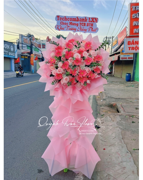 Kệ khai trương hoa đồng tiền hồng 