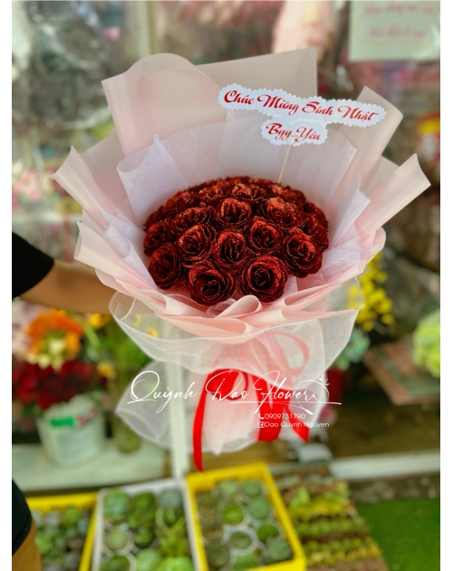 Bó hoa nhũ, kim tuyến đỏ 25 bông 