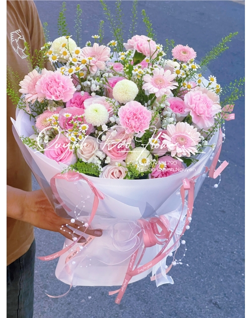 Bó hoa tròn tone hồng Hàn quốc 