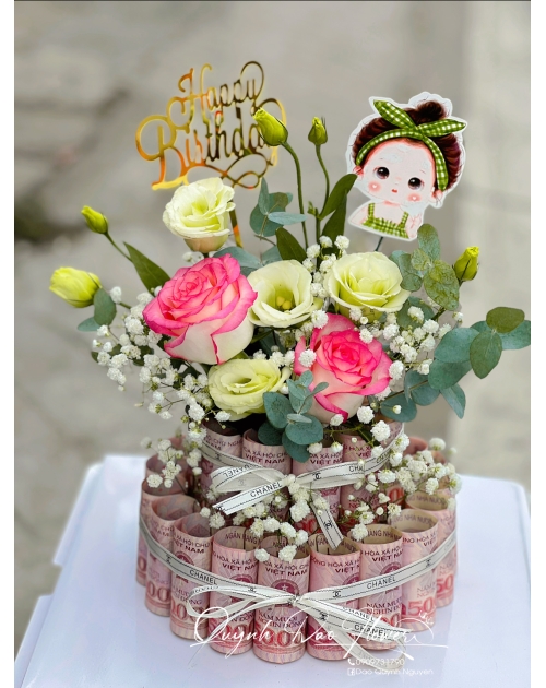 Bánh kem tiền mix hoa tươi 