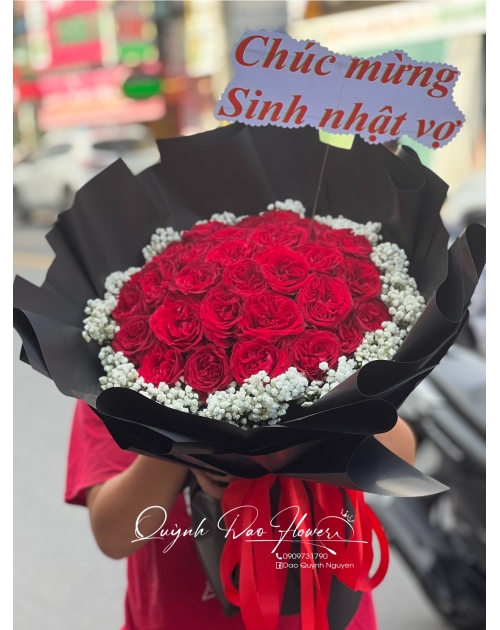 Bó hoa Hồng đỏ ohara 30 bông mix bi tươi 