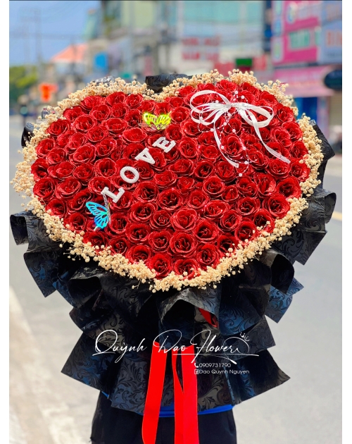 Bó hoa kim tuyến trái tim, 99 bông mix bi khô sang trọng 