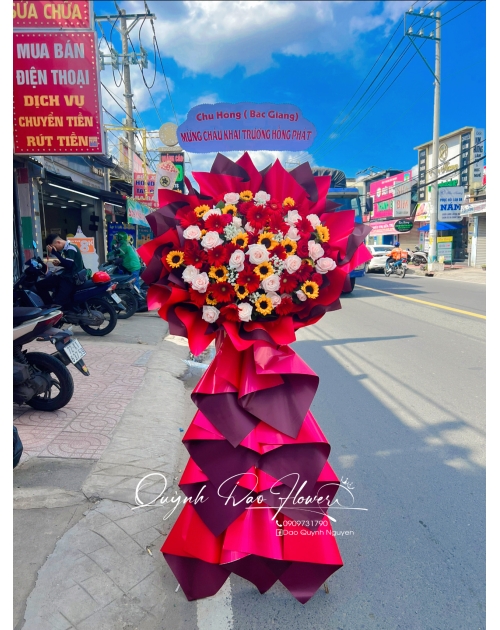 Ke khai trương tone đỏ mix hướng dương 