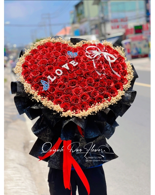 Bó hoa kim tuyến trái tim, 99 bông mix bi khô sang trọng 