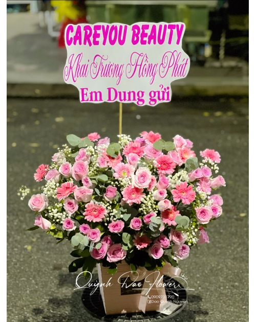 Giỏ hoa hồng mix hoa đồng tiền Hồng 
