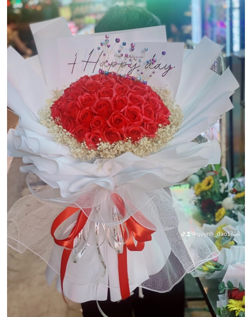 Bó hoa Hồng đỏ phối bi khô đẹp