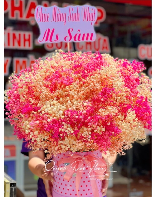 Hộp hoa bi khô to màu hồng 