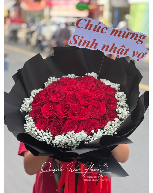 Bó hoa Hồng đỏ ohara 30 bông mix bi tươi 