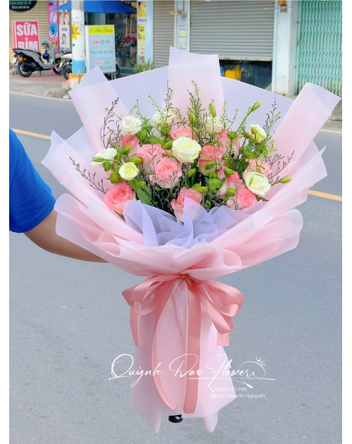 Bo Hoa hồng mix hoa cát tường, hoa mix 