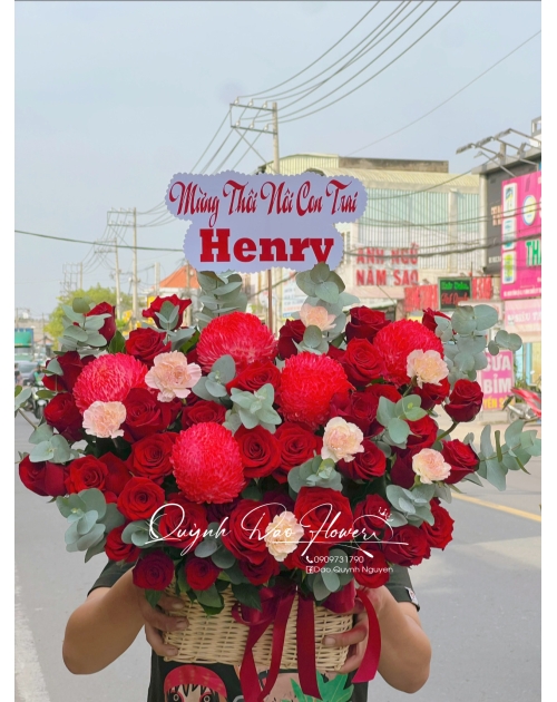 Giỏ hoa cúc mẫu đơn đỏ