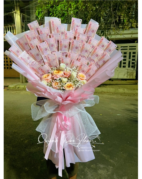 Bó hoa tiền 40 tờ kèm hoa tươi 