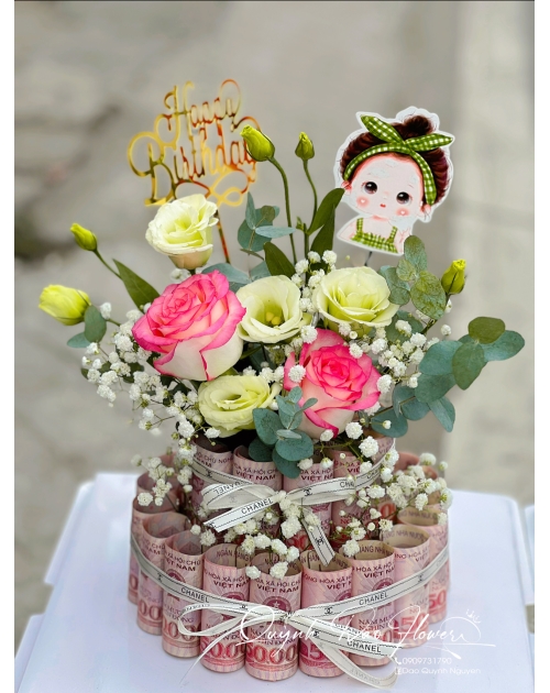 Bánh kem tiền mix hoa tươi 