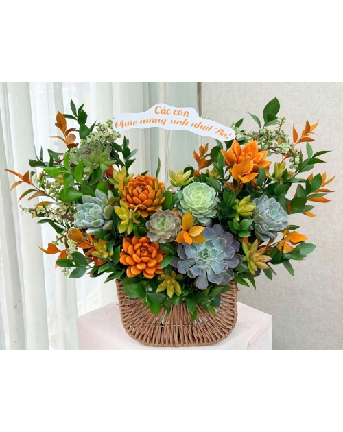 Giỏ hoa sen đá Tone cam thủ Đức 