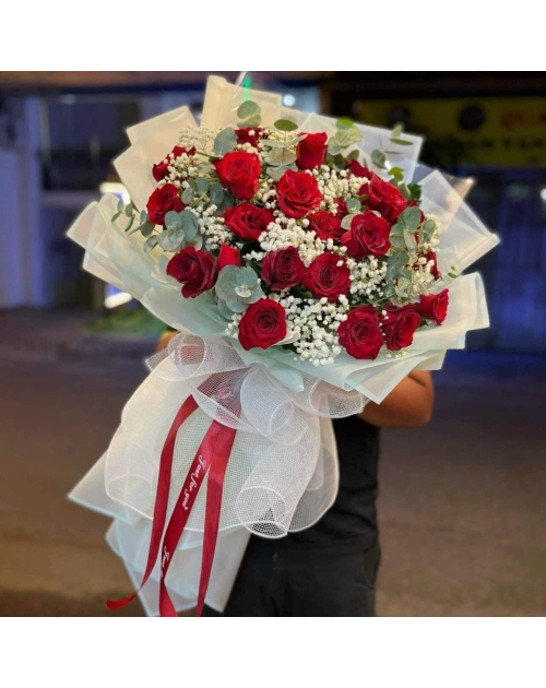 Bó hoa Hồng đỏ mix hoa bi