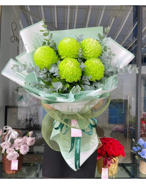 Bó hoa cúc mẫu đơn màu xanh lá