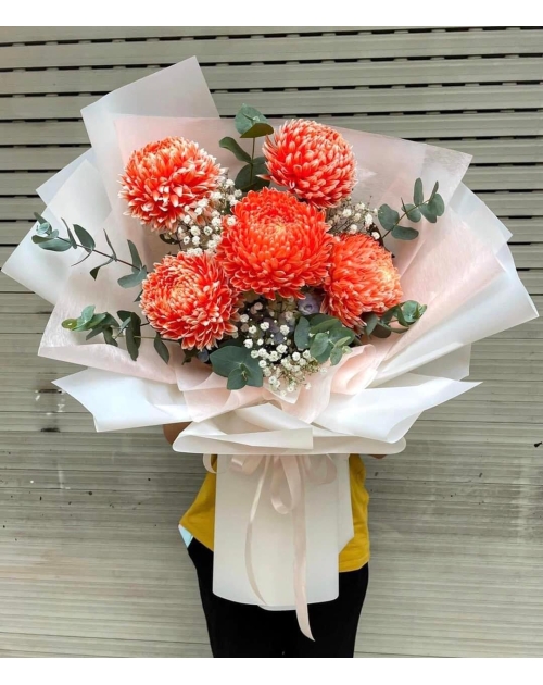 Bó hoa cúc mẫu đơn tone cam