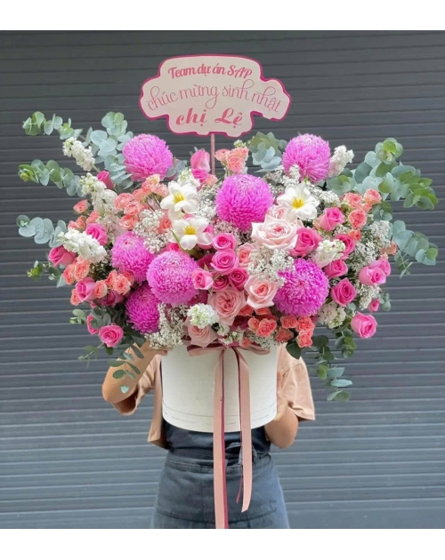 Giỏ hoa cúc mẫu đơn hồng thủ Đức 