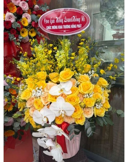 Giỏ hoa vàng mix lan hồ điệp 