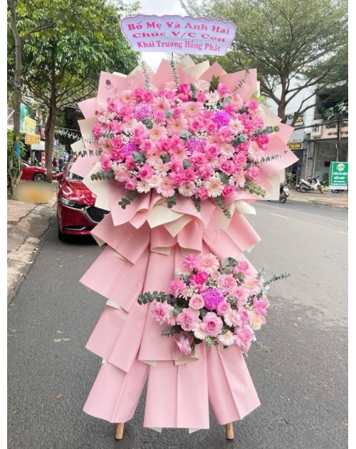 Kệ hoa khai trương màu Hồng mix cúc mẫu đơn 