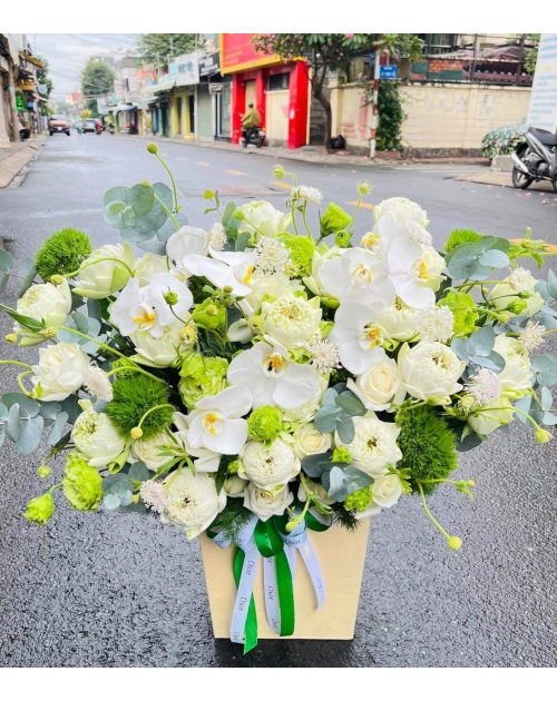 Giỏ hoa tone xanh lá hoa sen mix lan hồ điệp 