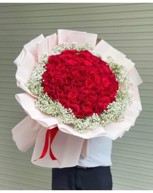 Bó hoa Hồng tròn đỏ phối bi