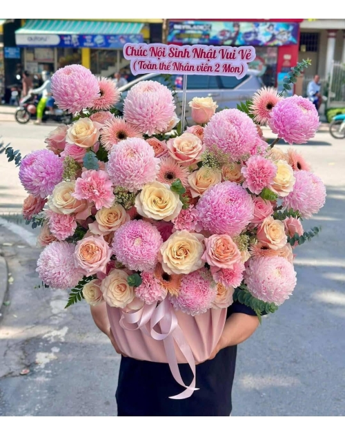 Giỏ hoa cúc mẫu đơn hồng 