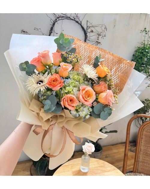 Bó hoa hồng cam mix Cẩm Tú cầu 