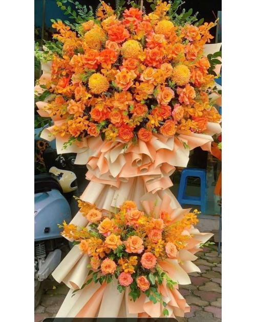 Kệ khai trương màu cam mix hoa lan